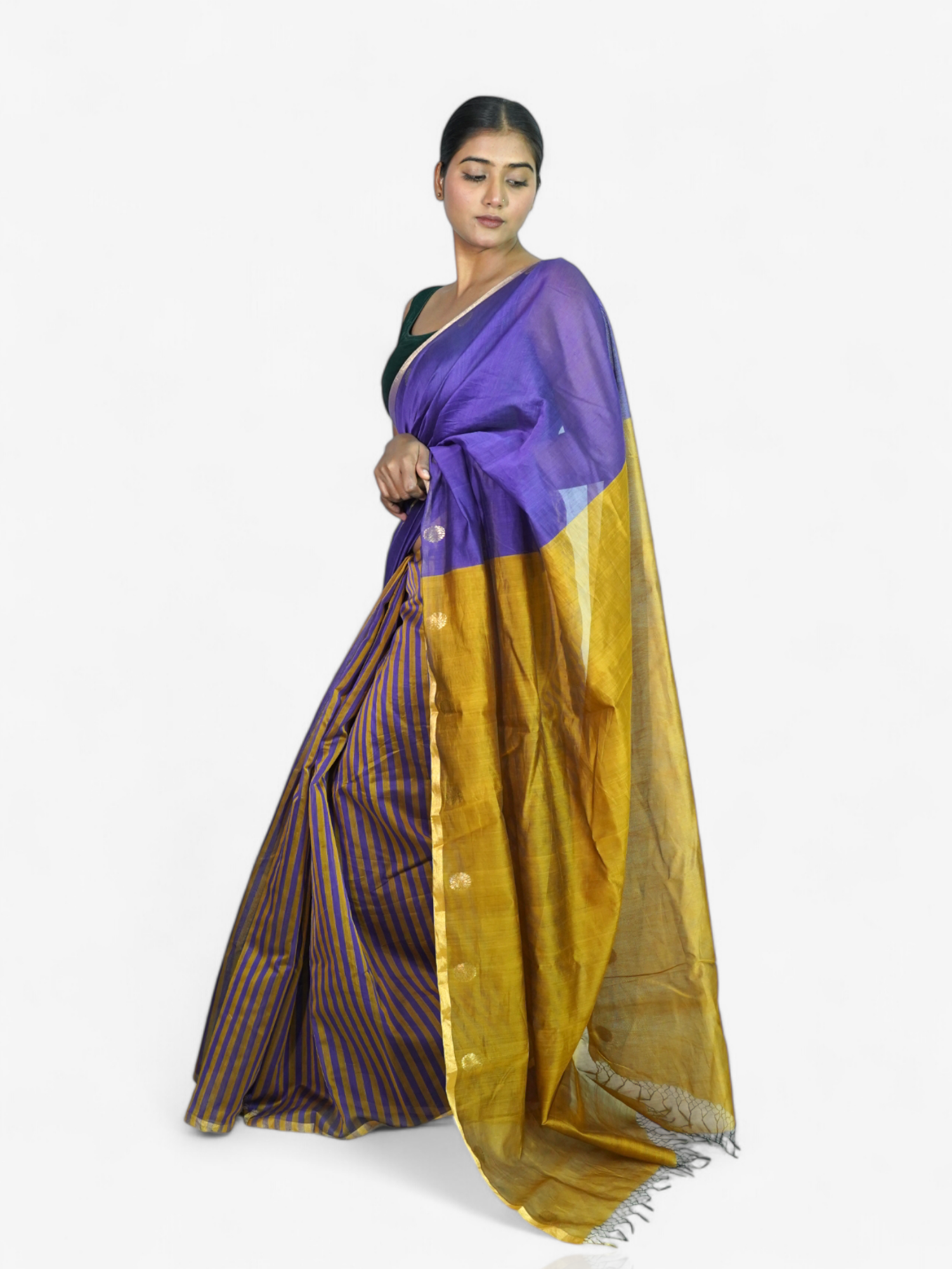Orchid Glow – Chanderi Cotton Silk Saree with Stripes & Dot Detailing - Kozylook